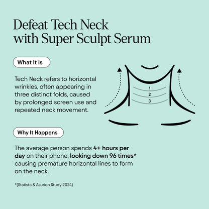  Super Sculpt Serum to combat Tech Neck on a light blue background